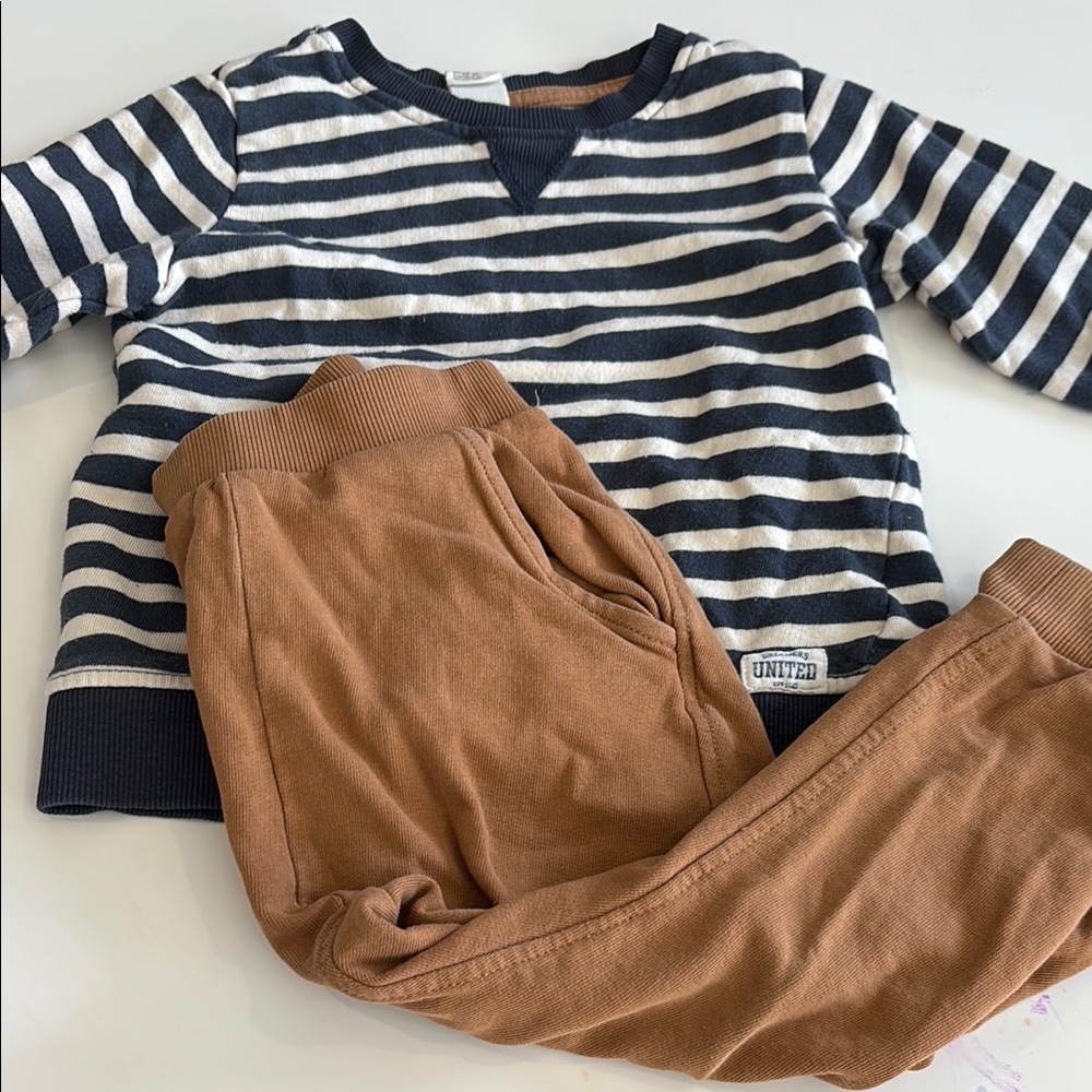 Striped Navy and White Sweater with Brown Pants
